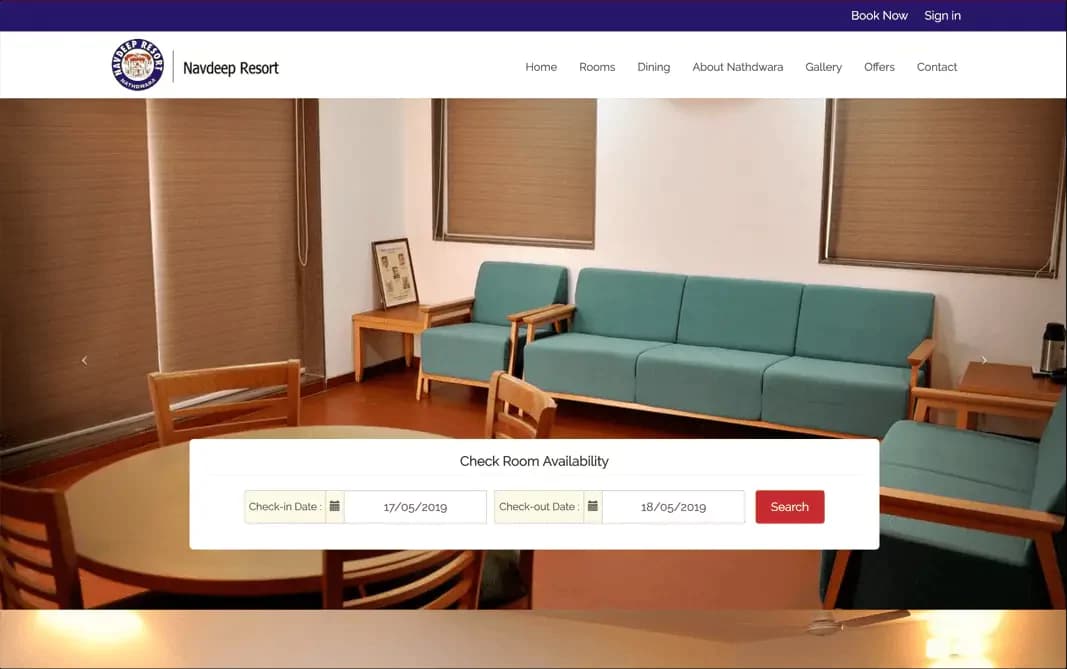 Navdeep Resort website home page with rooms and facilities overview
