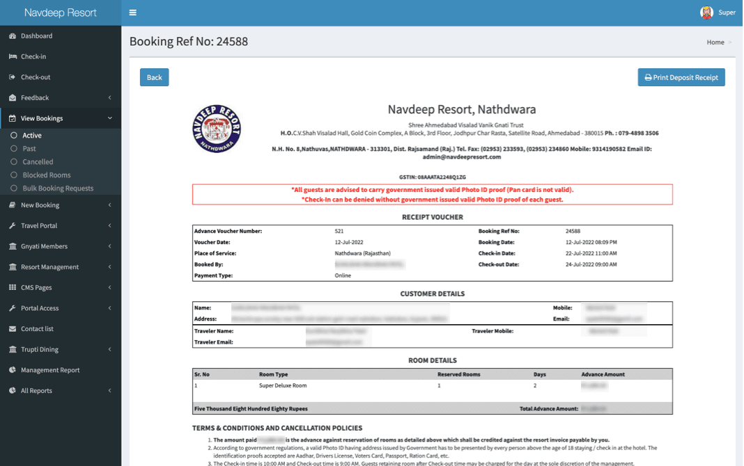 Online and offline booking interface for the resort